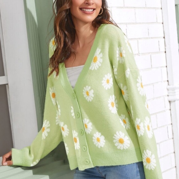 shein green flower cardigan